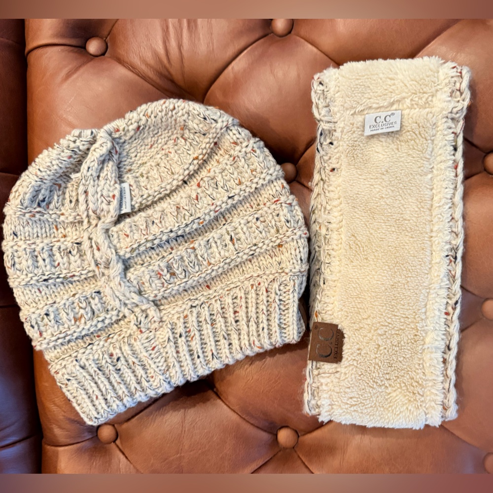 NWOT CC Knit Ponytail Beanie and Headband Set - Picture 5 of 8